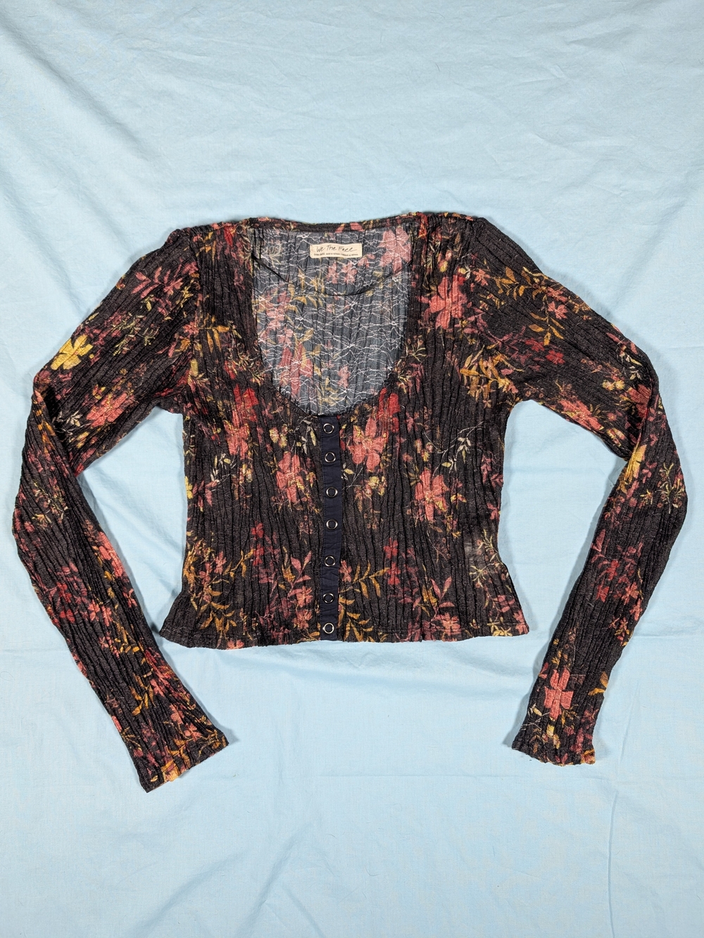 We The Free Black Floral Ribbed Button-Front Long Sleeve Top